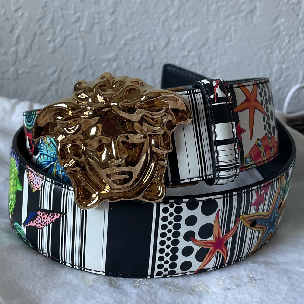 Versace Multicolor Nautical Print Leather Belt with Gold Medusa Buckle—95/38
